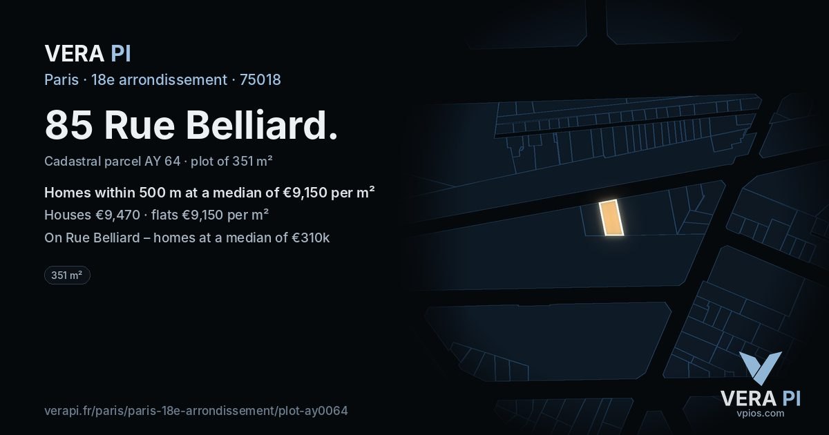 85 Rue Belliard, 18e arrondissement at night – the plot lit, the parcels around coloured by the prices near them