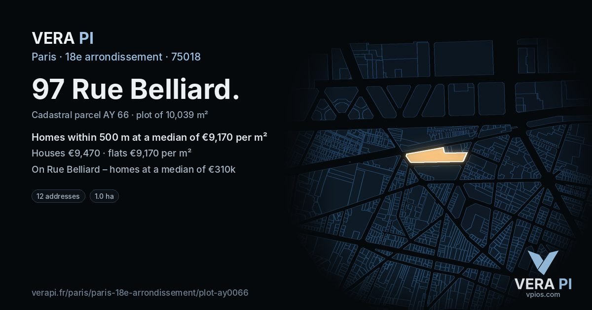 97 Rue Belliard, 18e arrondissement at night – the plot lit, the parcels around coloured by the prices near them