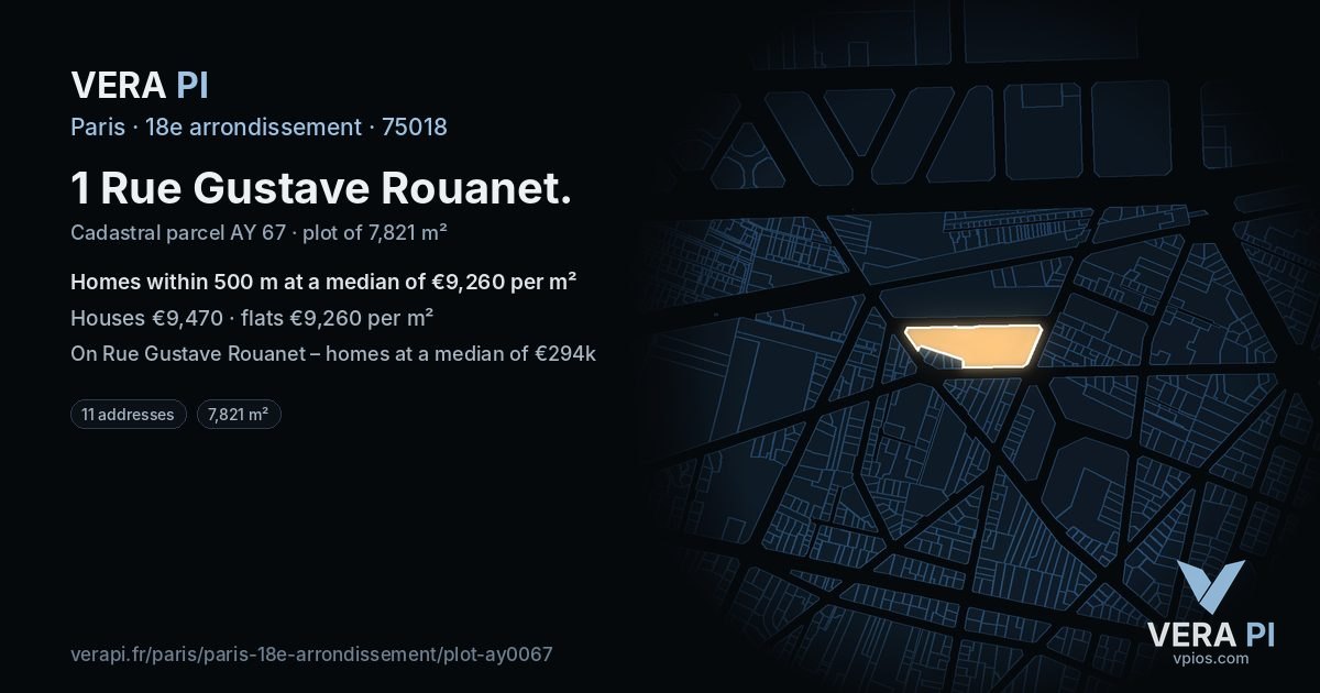 1 Rue Gustave Rouanet, 18e arrondissement at night – the plot lit, the parcels around coloured by the prices near them