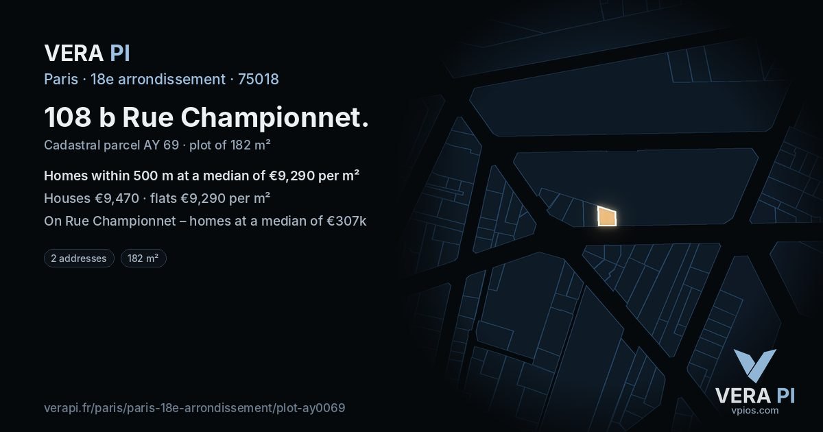 108 b Rue Championnet, 18e arrondissement at night – the plot lit, the parcels around coloured by the prices near them