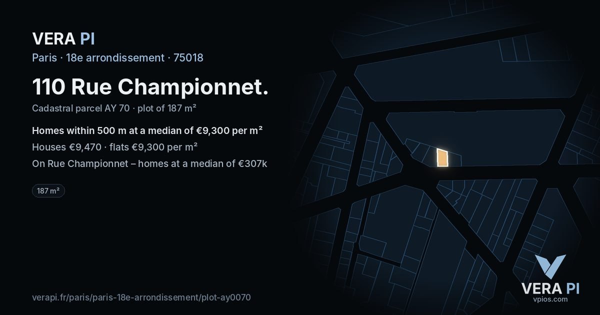 110 Rue Championnet, 18e arrondissement at night – the plot lit, the parcels around coloured by the prices near them