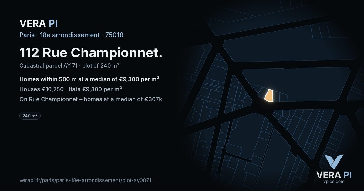 112 Rue Championnet, 18e arrondissement at night – the plot lit, the parcels around coloured by the prices near them