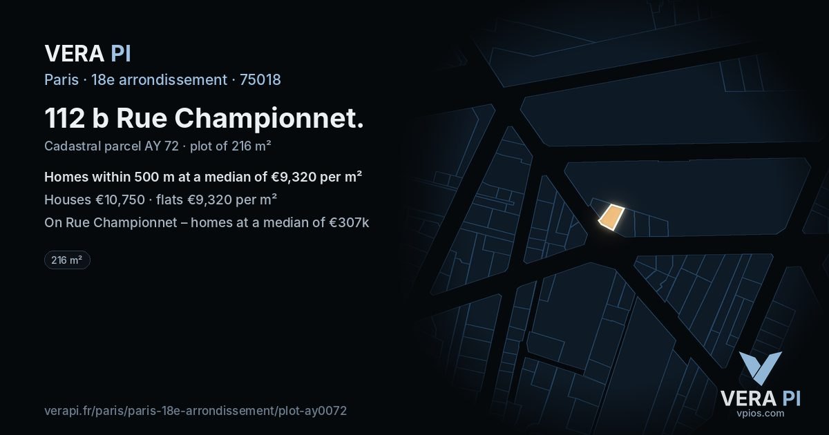 112 b Rue Championnet, 18e arrondissement at night – the plot lit, the parcels around coloured by the prices near them