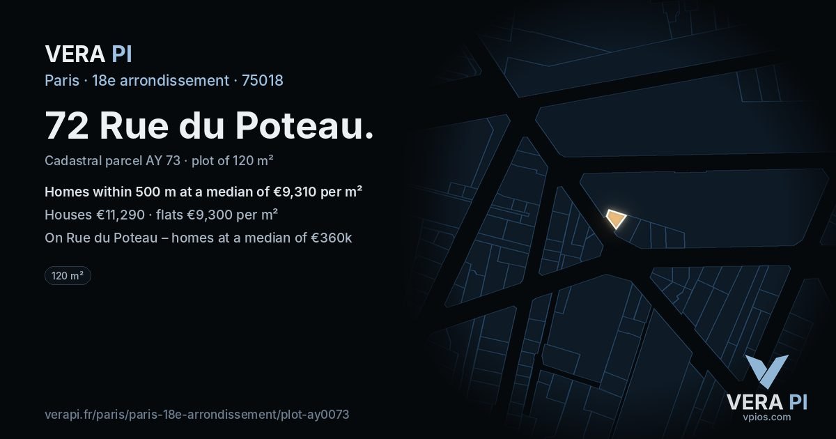 72 Rue du Poteau, 18e arrondissement at night – the plot lit, the parcels around coloured by the prices near them