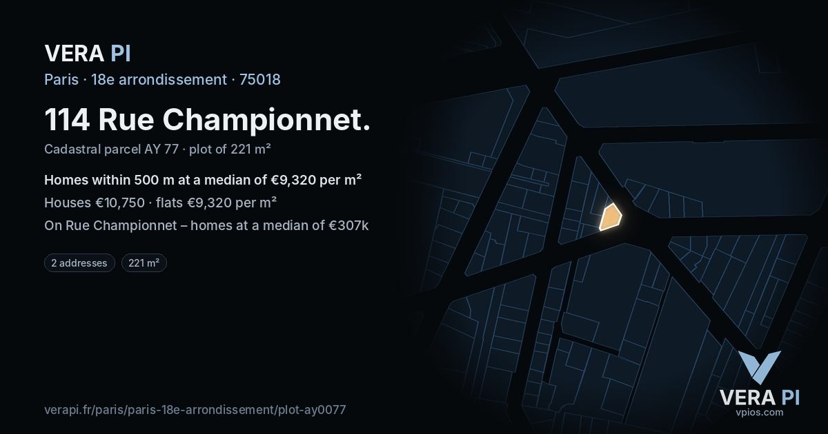 114 Rue Championnet, 18e arrondissement at night – the plot lit, the parcels around coloured by the prices near them