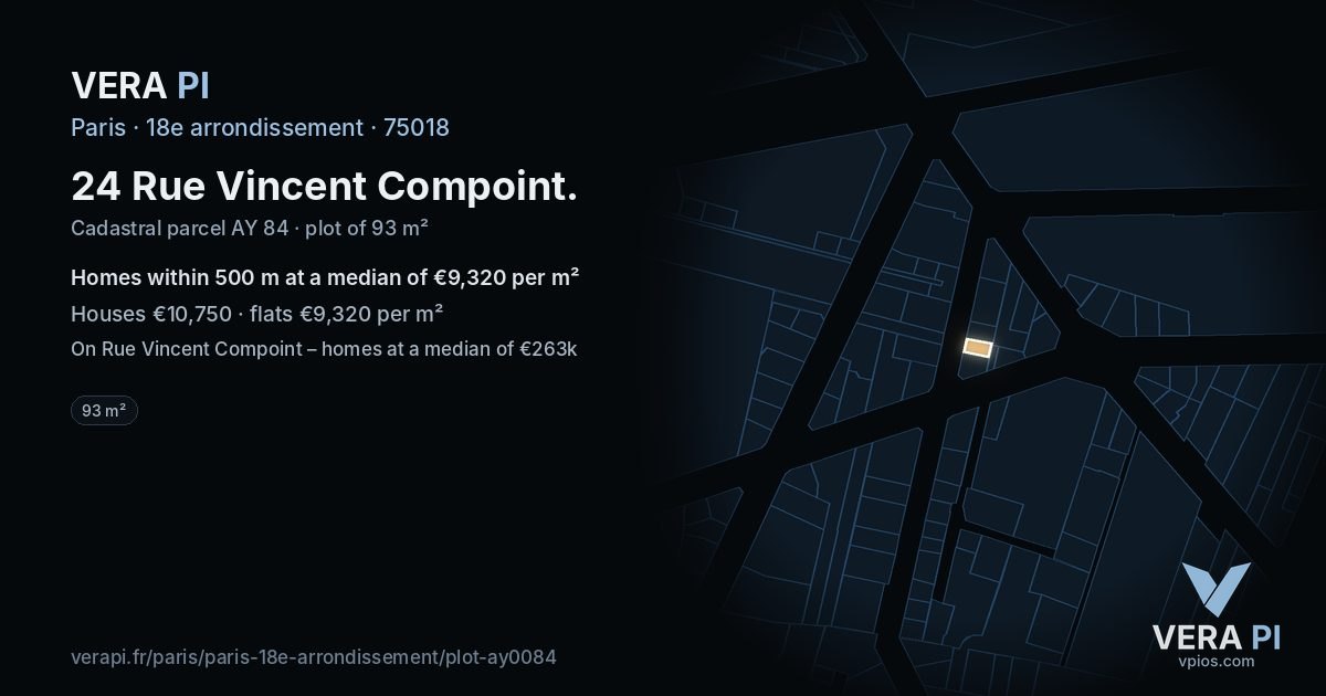 24 Rue Vincent Compoint, 18e arrondissement at night – the plot lit, the parcels around coloured by the prices near them