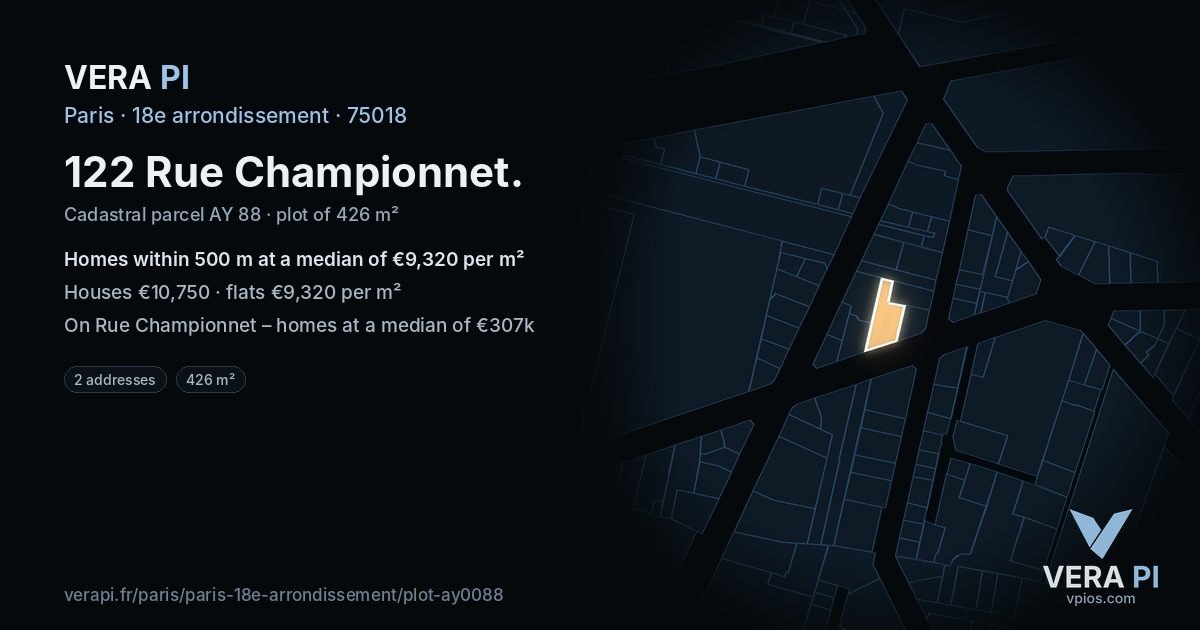 122 Rue Championnet, 18e arrondissement at night – the plot lit, the parcels around coloured by the prices near them