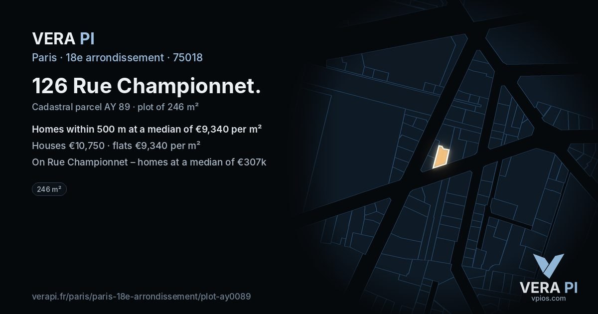 126 Rue Championnet, 18e arrondissement at night – the plot lit, the parcels around coloured by the prices near them