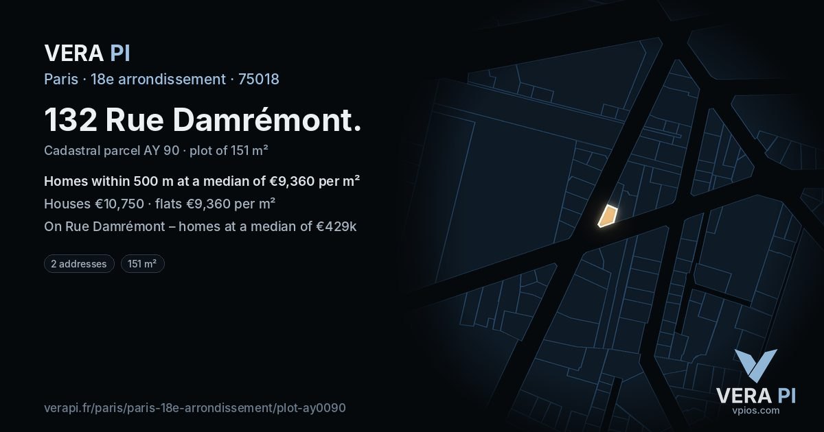 132 Rue Damrémont, 18e arrondissement at night – the plot lit, the parcels around coloured by the prices near them