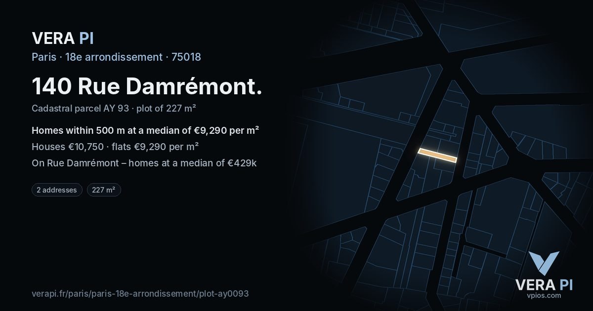 140 Rue Damrémont, 18e arrondissement at night – the plot lit, the parcels around coloured by the prices near them