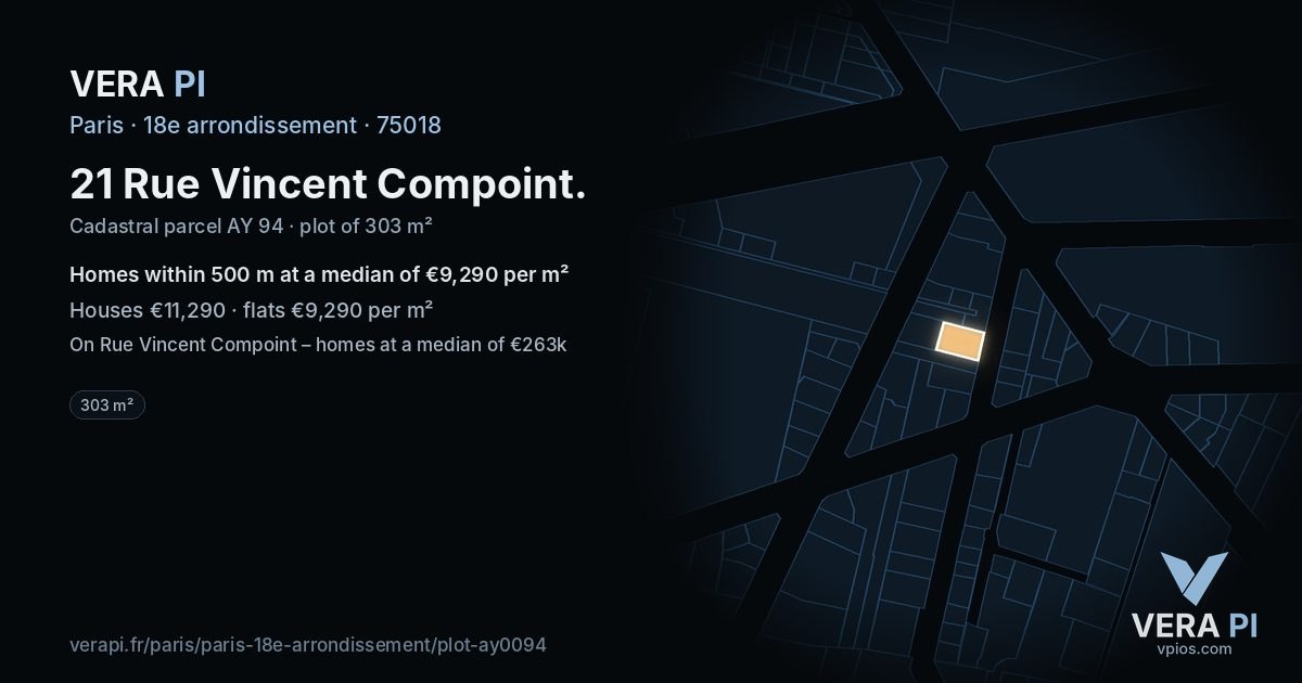 21 Rue Vincent Compoint, 18e arrondissement at night – the plot lit, the parcels around coloured by the prices near them