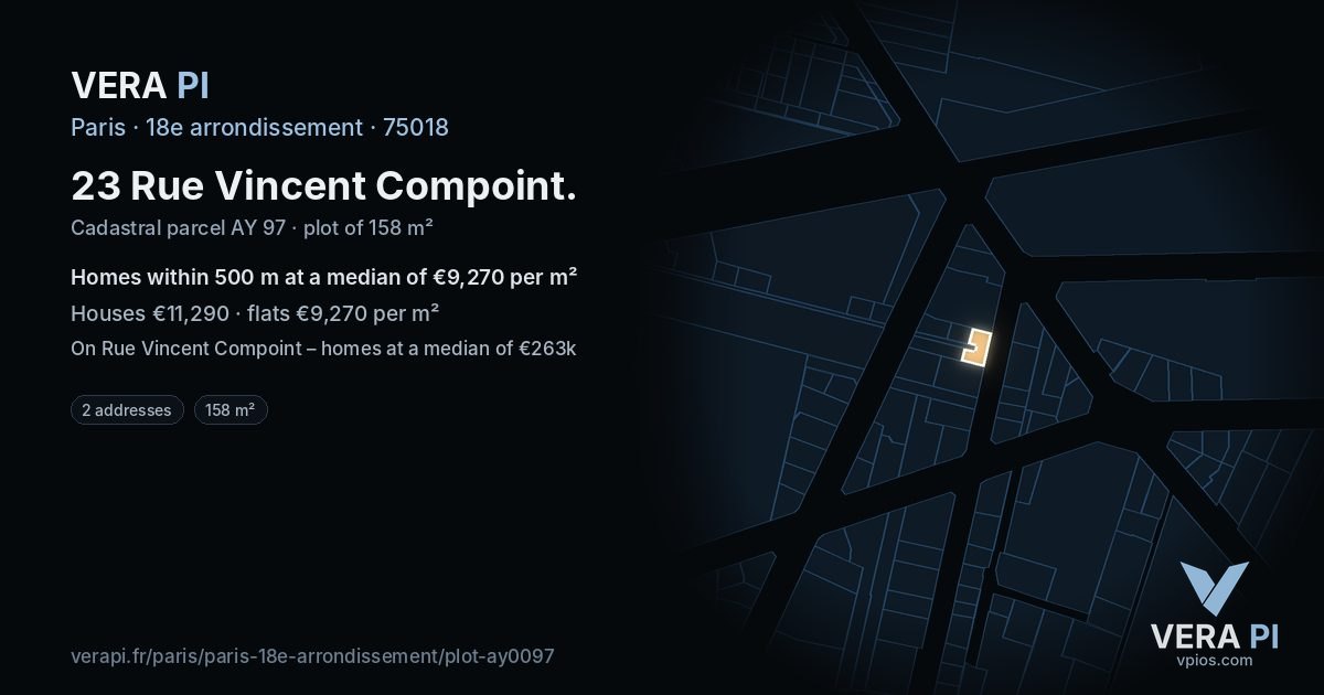 23 Rue Vincent Compoint, 18e arrondissement at night – the plot lit, the parcels around coloured by the prices near them