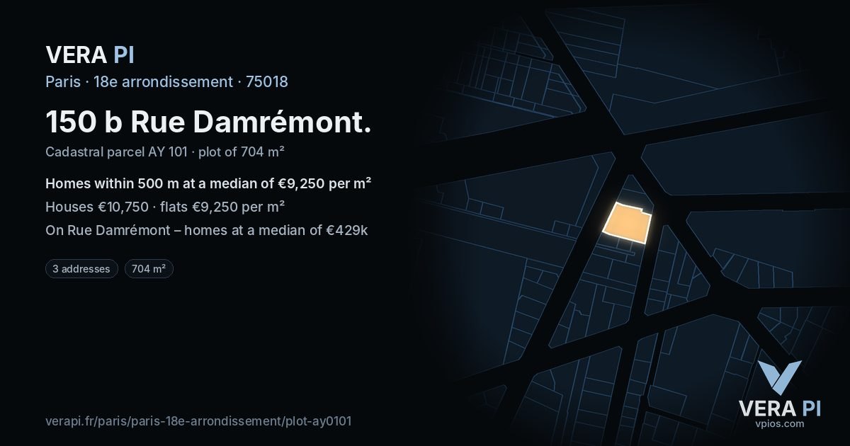 150 b Rue Damrémont, 18e arrondissement at night – the plot lit, the parcels around coloured by the prices near them