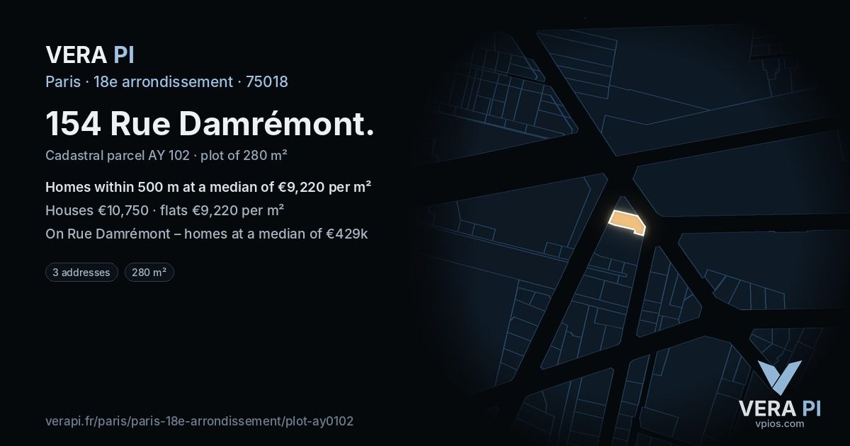 154 Rue Damrémont, 18e arrondissement at night – the plot lit, the parcels around coloured by the prices near them