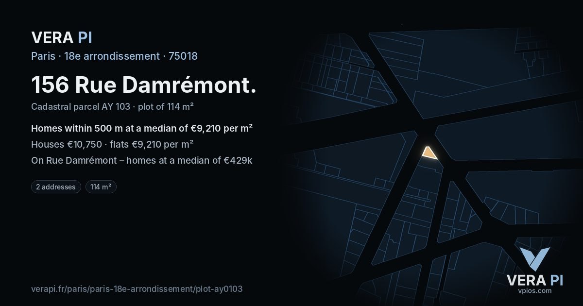156 Rue Damrémont, 18e arrondissement at night – the plot lit, the parcels around coloured by the prices near them