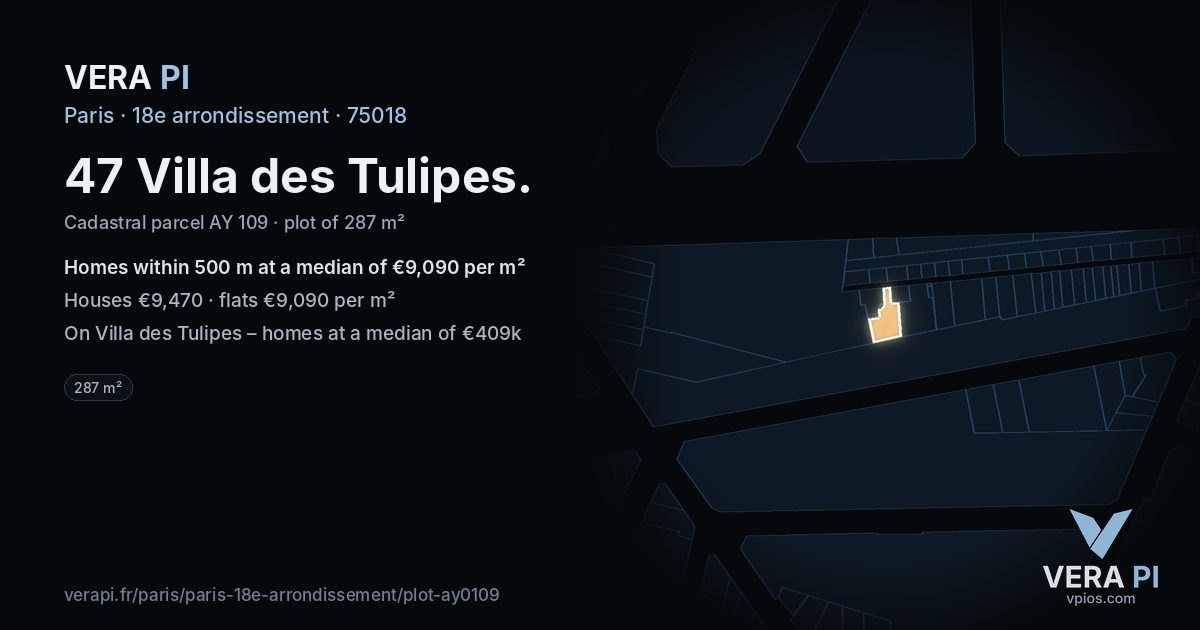47 Villa des Tulipes, 18e arrondissement at night – the plot lit, the parcels around coloured by the prices near them
