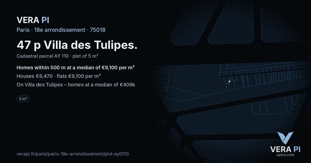 47 p Villa des Tulipes, 18e arrondissement at night – the plot lit, the parcels around coloured by the prices near them
