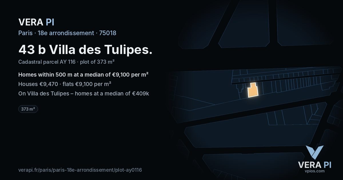 43 b Villa des Tulipes, 18e arrondissement at night – the plot lit, the parcels around coloured by the prices near them