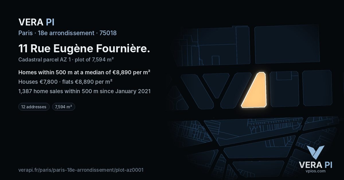 11 Rue Eugène Fournière, 18e arrondissement at night – the plot lit, the parcels around coloured by the prices near them