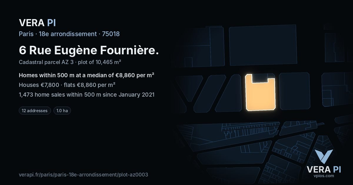 6 Rue Eugène Fournière, 18e arrondissement at night – the plot lit, the parcels around coloured by the prices near them