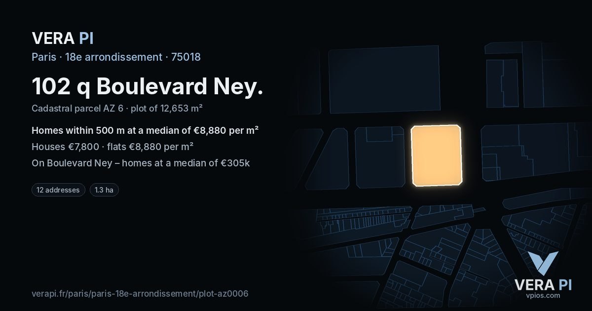 102 q Boulevard Ney, 18e arrondissement at night – the plot lit, the parcels around coloured by the prices near them