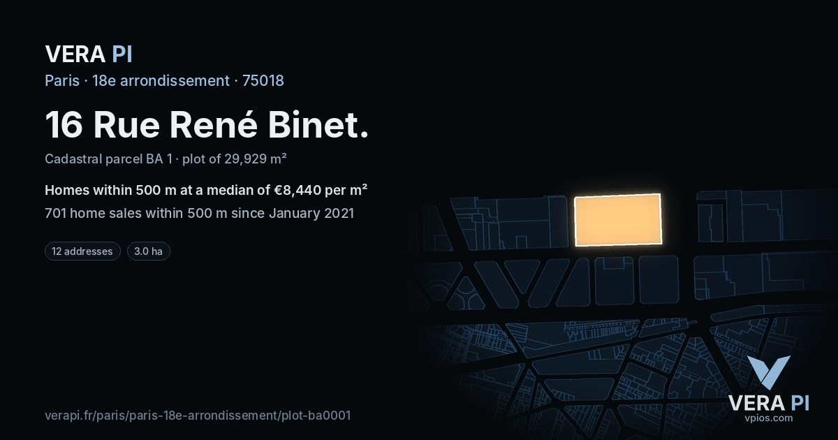 16 Rue René Binet, 18e arrondissement at night – the plot lit, the parcels around coloured by the prices near them