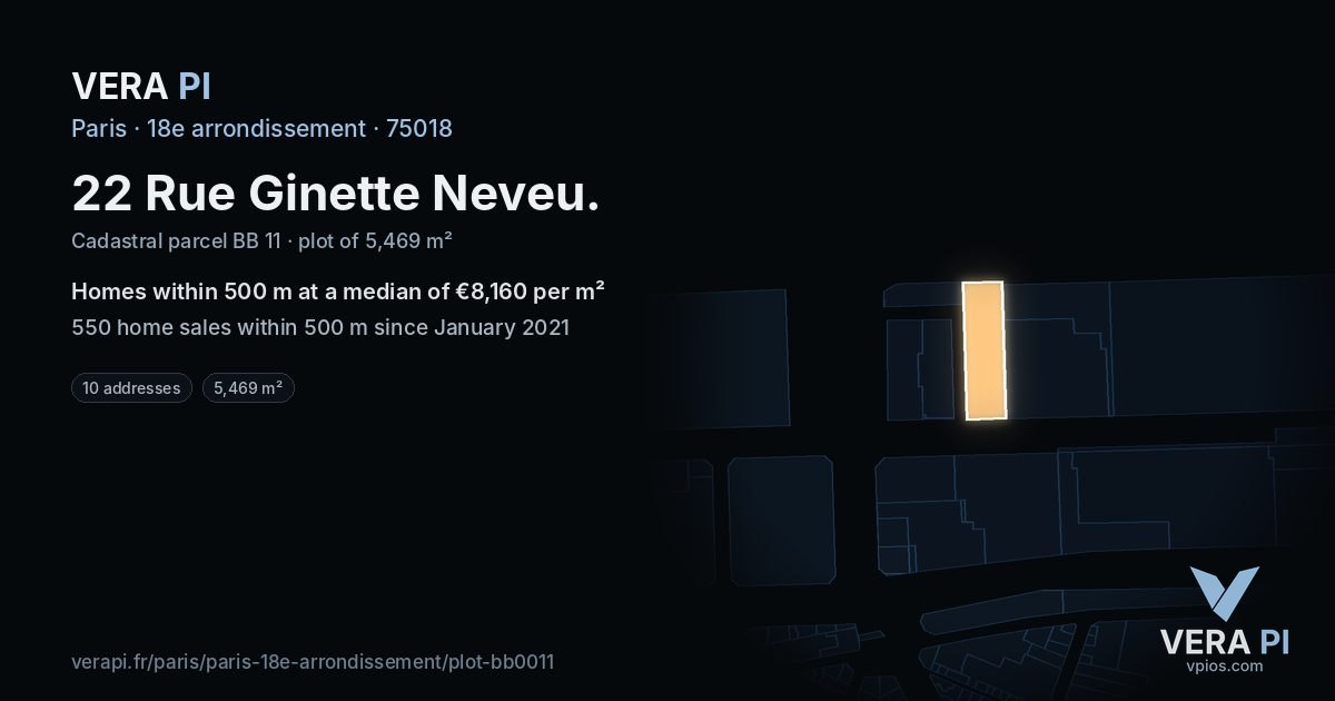 22 Rue Ginette Neveu, 18e arrondissement at night – the plot lit, the parcels around coloured by the prices near them