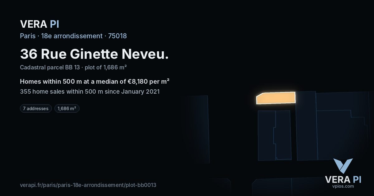 36 Rue Ginette Neveu, 18e arrondissement at night – the plot lit, the parcels around coloured by the prices near them