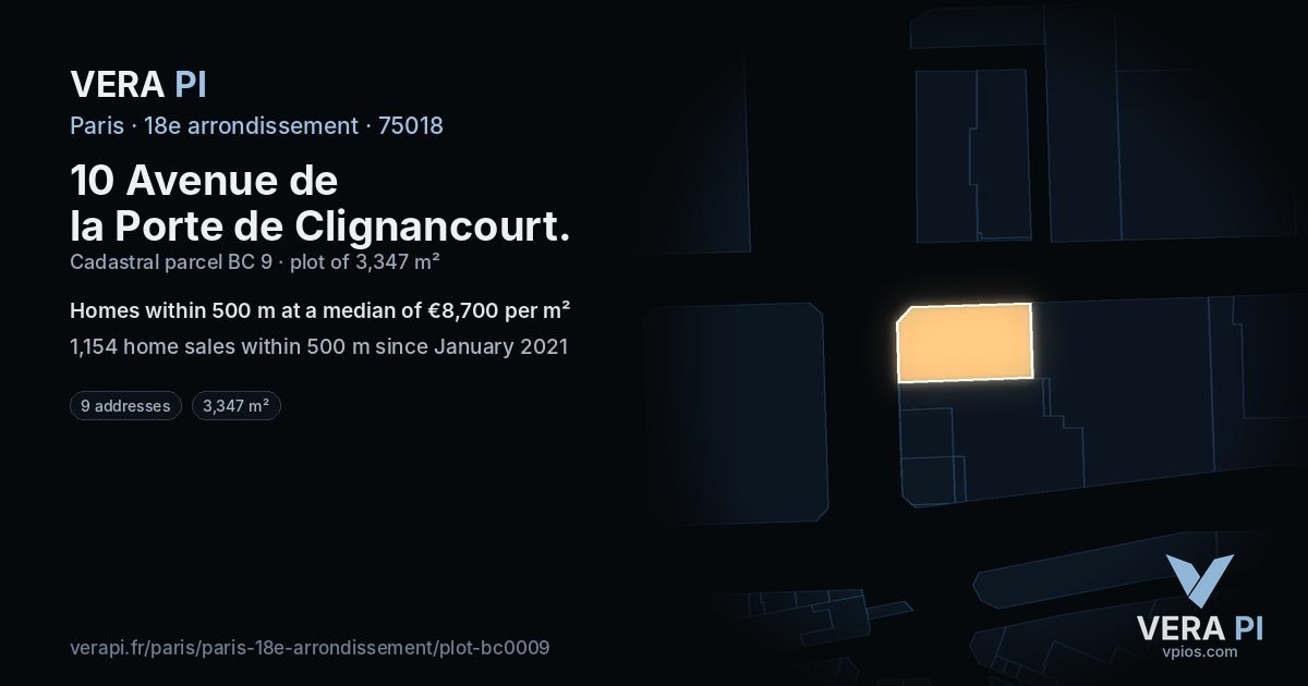 10 Avenue de la Porte de Clignancourt, 18e arrondissement at night – the plot lit, the parcels around coloured by the prices near them