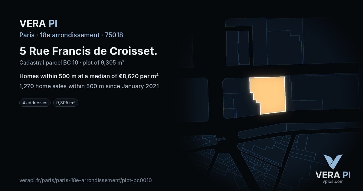 5 Rue Francis de Croisset, 18e arrondissement at night – the plot lit, the parcels around coloured by the prices near them