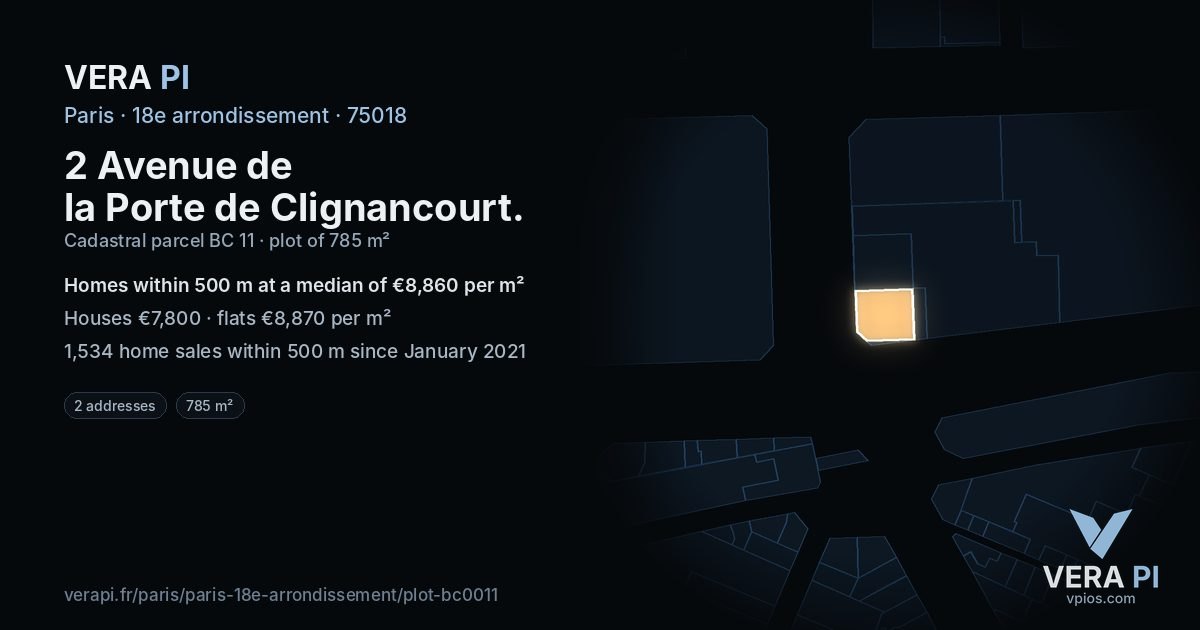 2 Avenue de la Porte de Clignancourt, 18e arrondissement at night – the plot lit, the parcels around coloured by the prices near them