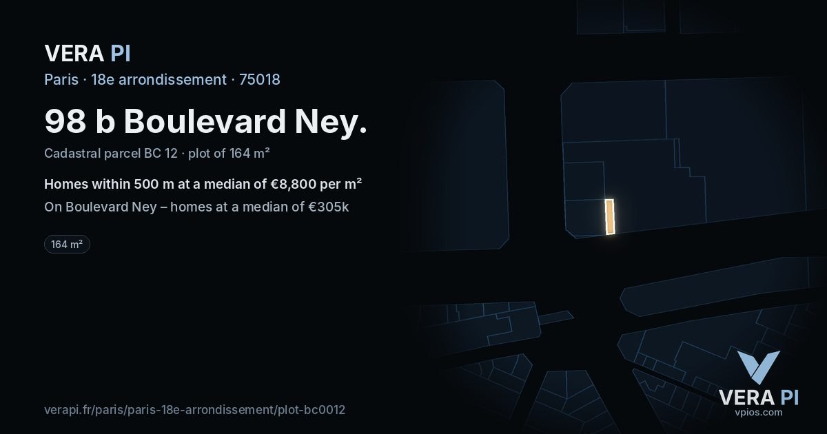 98 b Boulevard Ney, 18e arrondissement at night – the plot lit, the parcels around coloured by the prices near them