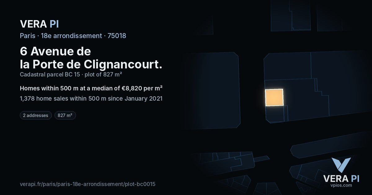 6 Avenue de la Porte de Clignancourt, 18e arrondissement at night – the plot lit, the parcels around coloured by the prices near them