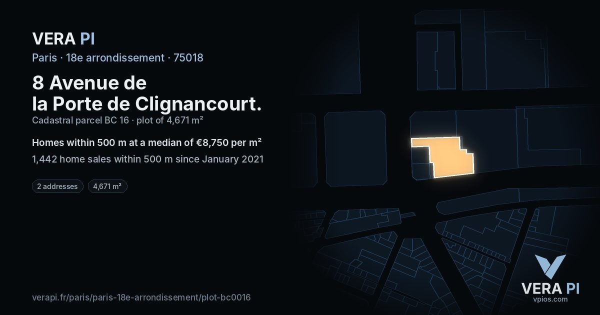 8 Avenue de la Porte de Clignancourt, 18e arrondissement at night – the plot lit, the parcels around coloured by the prices near them