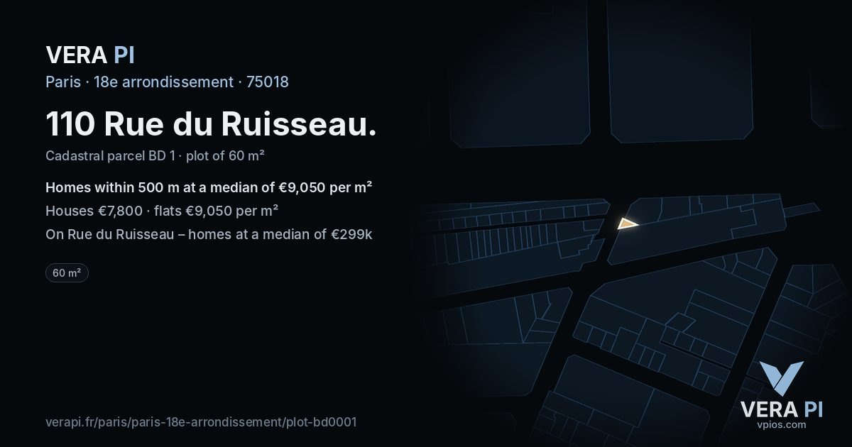 110 Rue du Ruisseau, 18e arrondissement at night – the plot lit, the parcels around coloured by the prices near them