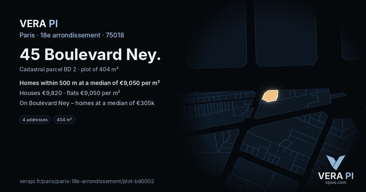 45 Boulevard Ney, 18e arrondissement at night – the plot lit, the parcels around coloured by the prices near them