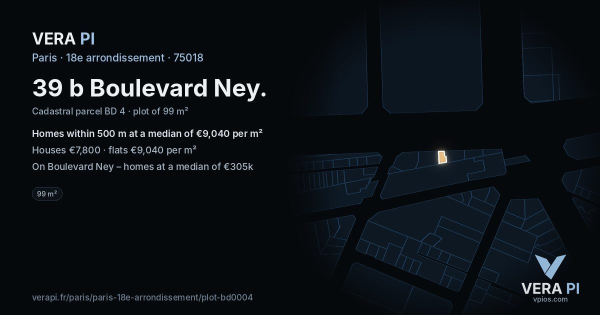 39 b Boulevard Ney, 18e arrondissement at night – the plot lit, the parcels around coloured by the prices near them