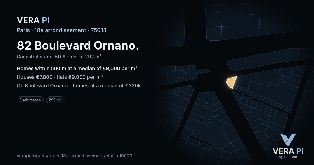 82 Boulevard Ornano, 18e arrondissement at night – the plot lit, the parcels around coloured by the prices near them