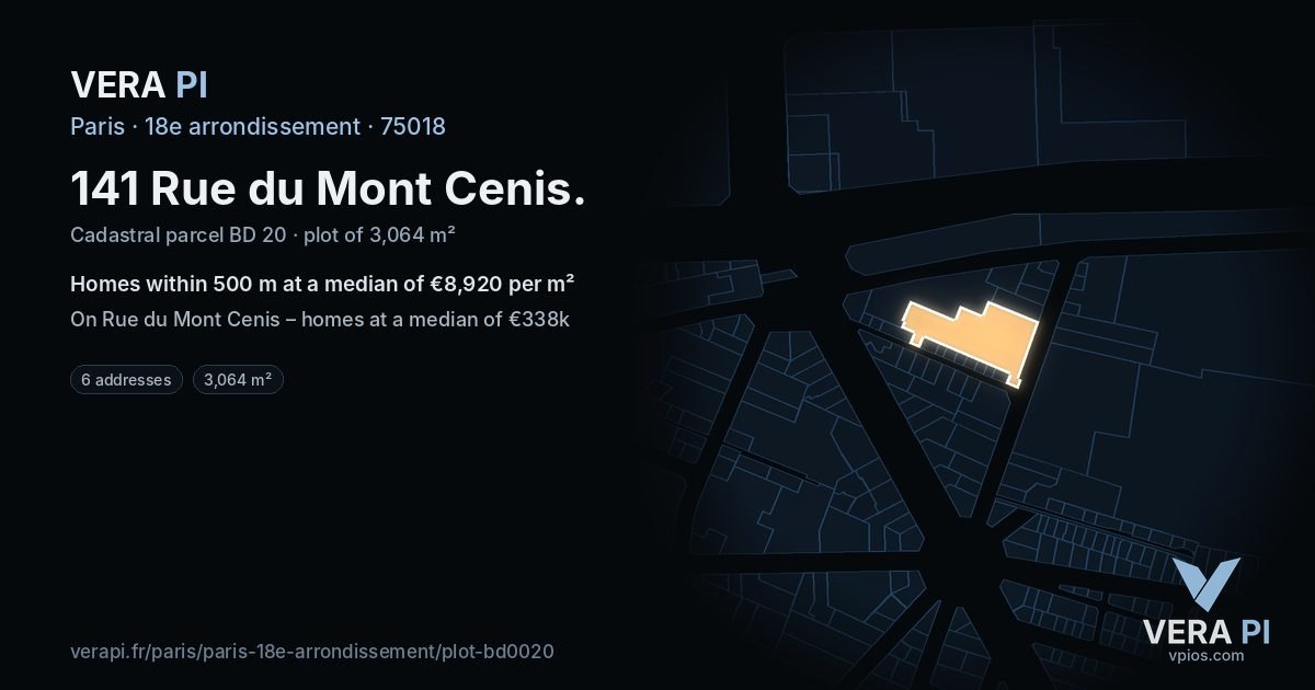 141 Rue du Mont Cenis, 18e arrondissement at night – the plot lit, the parcels around coloured by the prices near them