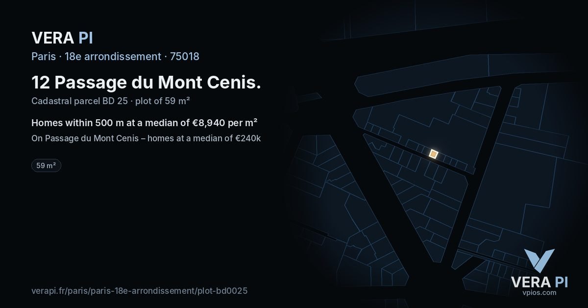 12 Passage du Mont Cenis, 18e arrondissement at night – the plot lit, the parcels around coloured by the prices near them