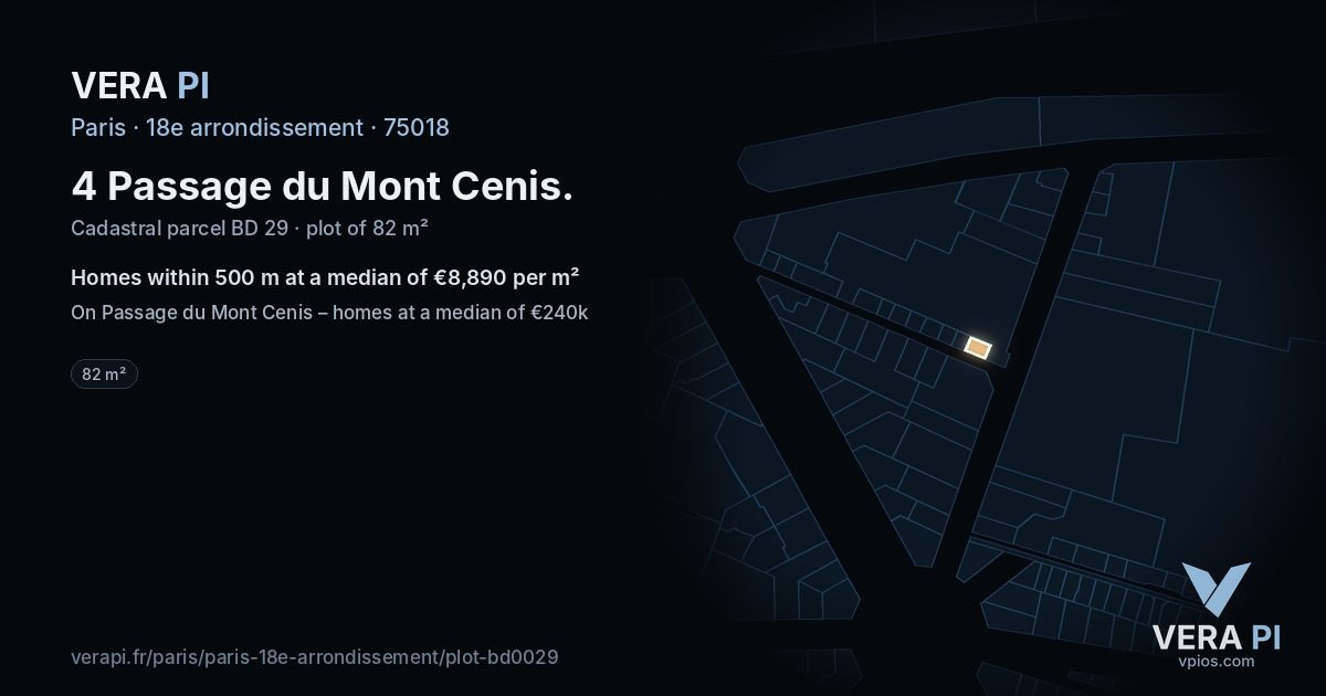 4 Passage du Mont Cenis, 18e arrondissement at night – the plot lit, the parcels around coloured by the prices near them