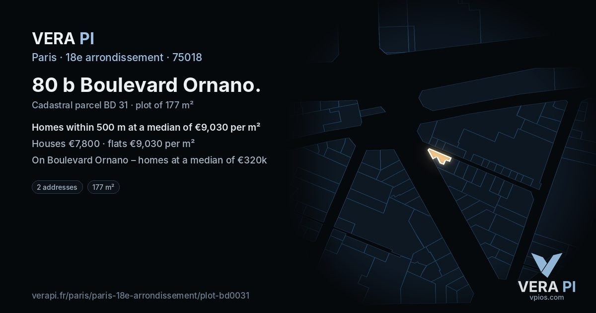 80 b Boulevard Ornano, 18e arrondissement at night – the plot lit, the parcels around coloured by the prices near them