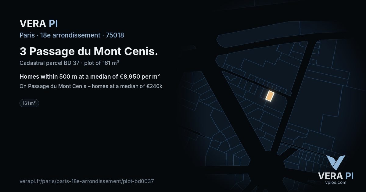 3 Passage du Mont Cenis, 18e arrondissement at night – the plot lit, the parcels around coloured by the prices near them