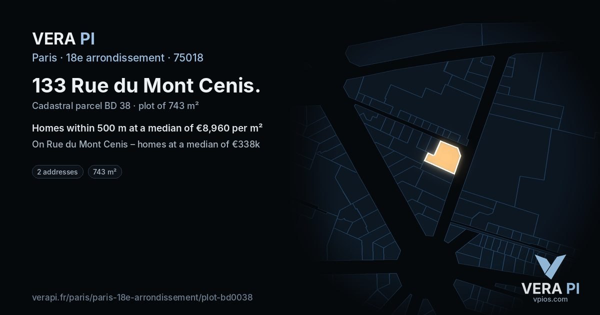 133 Rue du Mont Cenis, 18e arrondissement at night – the plot lit, the parcels around coloured by the prices near them