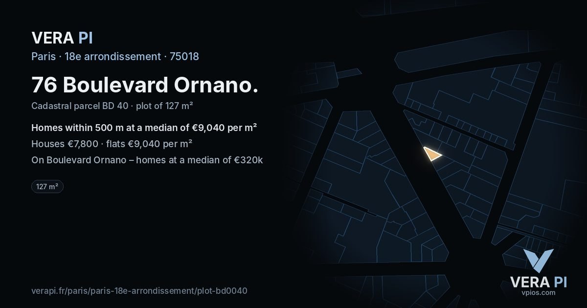 76 Boulevard Ornano, 18e arrondissement at night – the plot lit, the parcels around coloured by the prices near them