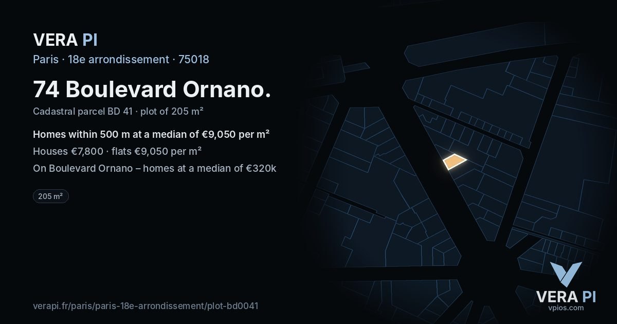74 Boulevard Ornano, 18e arrondissement at night – the plot lit, the parcels around coloured by the prices near them