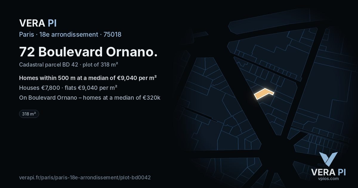 72 Boulevard Ornano, 18e arrondissement at night – the plot lit, the parcels around coloured by the prices near them