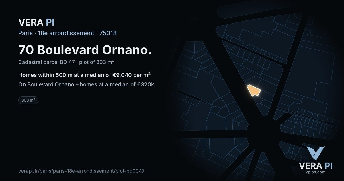 70 Boulevard Ornano, 18e arrondissement at night – the plot lit, the parcels around coloured by the prices near them