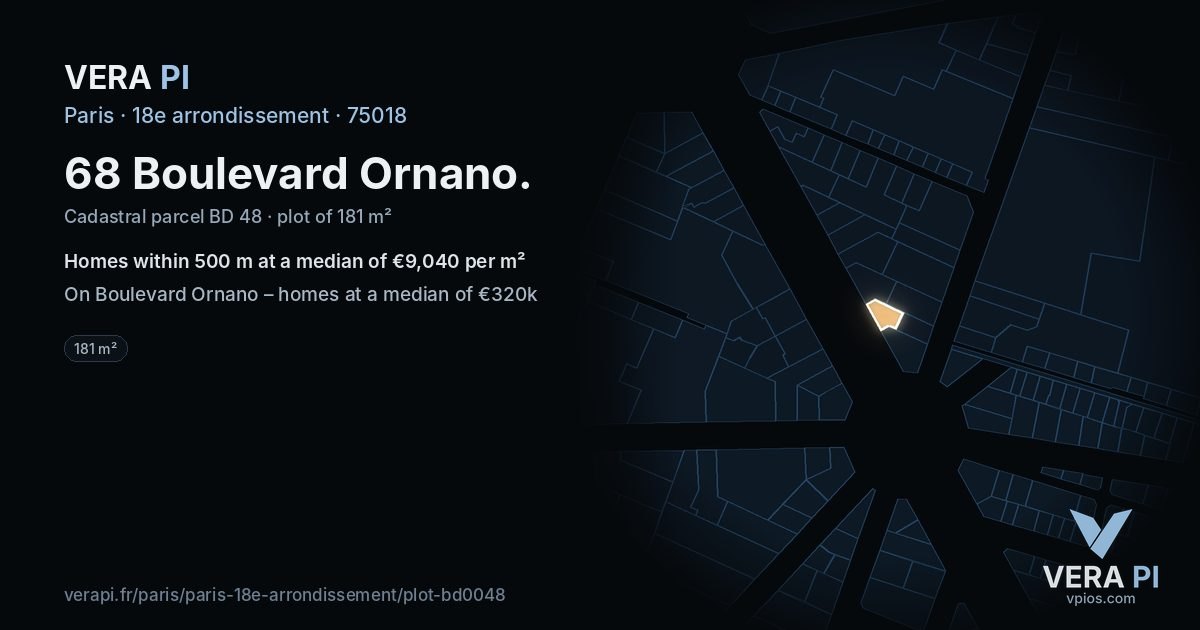 68 Boulevard Ornano, 18e arrondissement at night – the plot lit, the parcels around coloured by the prices near them
