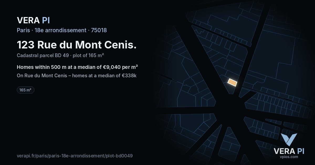 123 Rue du Mont Cenis, 18e arrondissement at night – the plot lit, the parcels around coloured by the prices near them